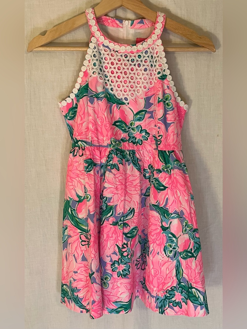 Lilly Pulitzer Pink Floral High Neck Dress with Green, Purple, and White Accents